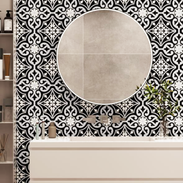 pared de baños con suelo hidráulico - azulejos hidráulicos grises