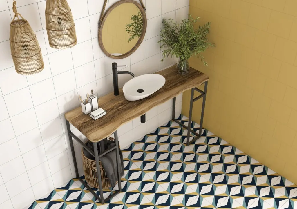suelos hidráulicos coloridos en baños modernos