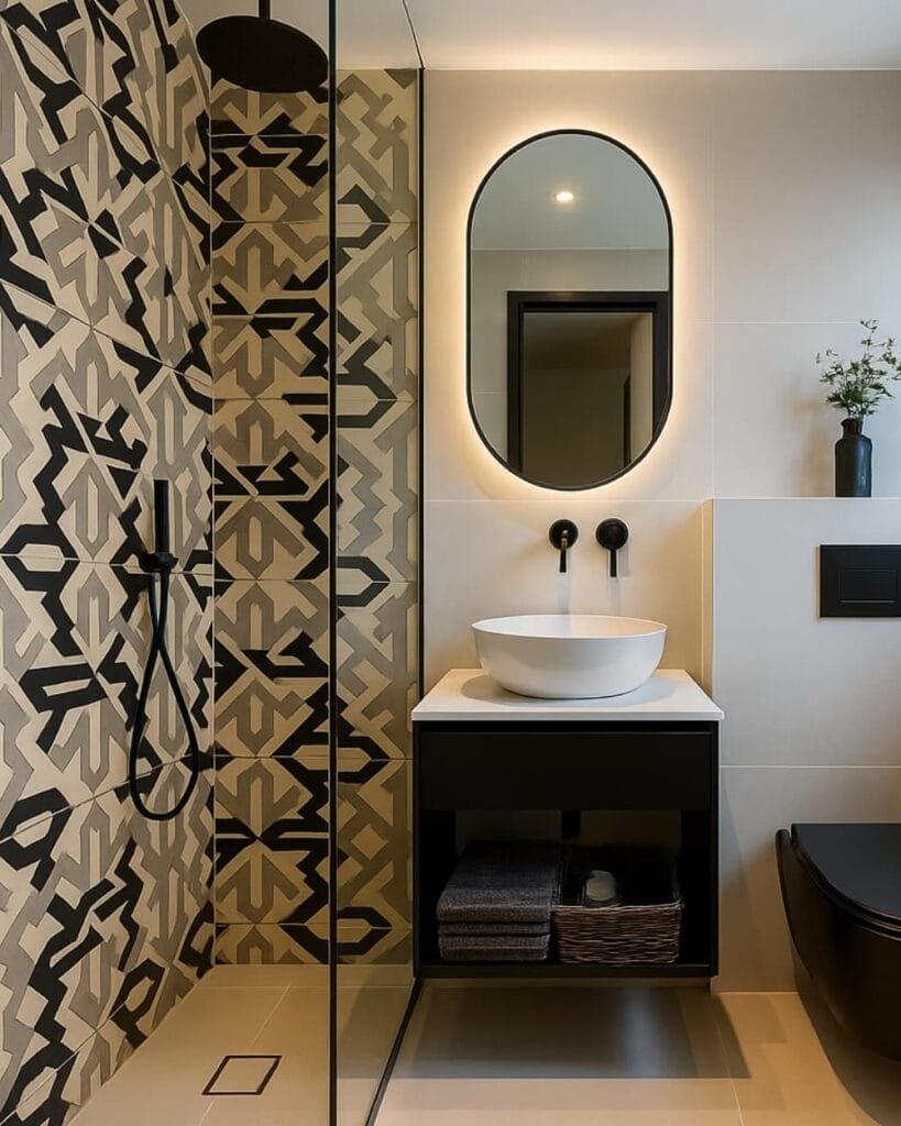 Baño moderno con paredes de baldosa hidráulica combinada