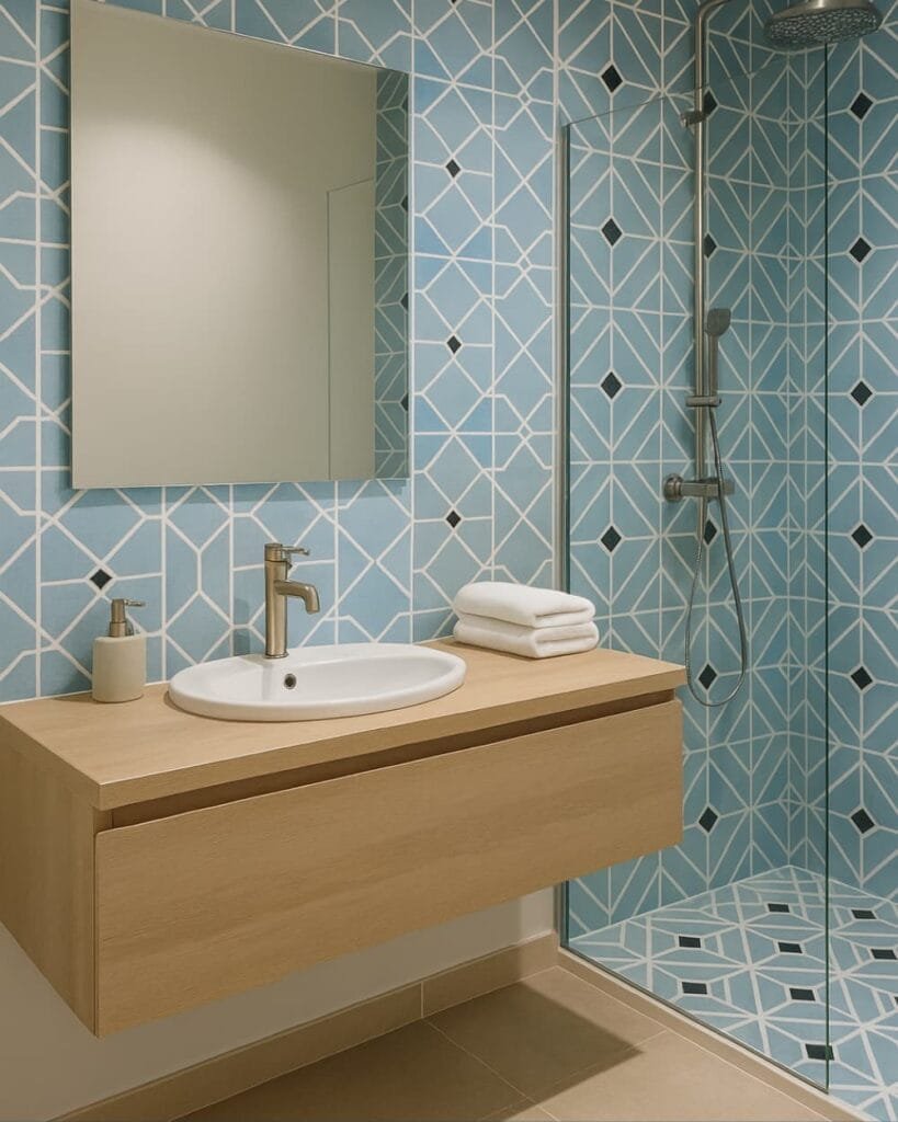 baño con paredes de baldosa hidráulica