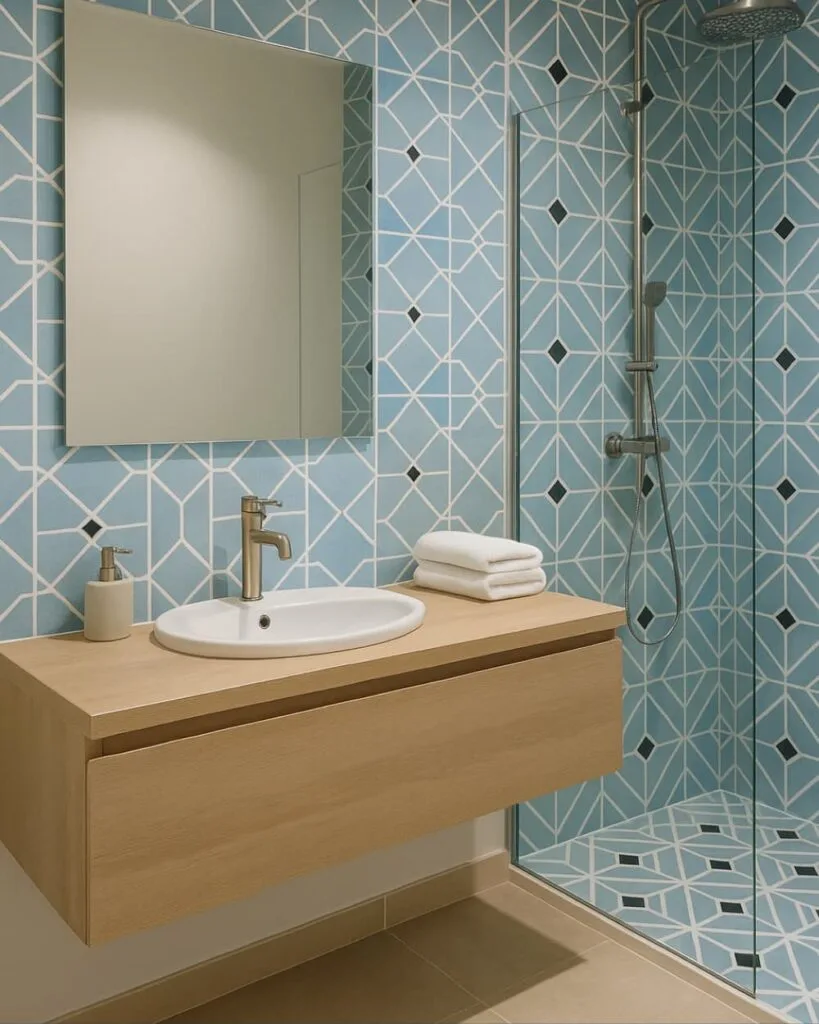 baño con paredes de baldosa hidráulica