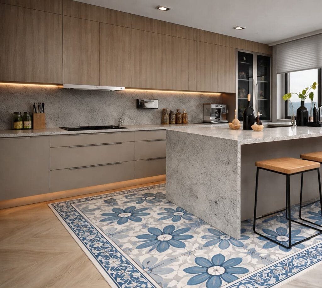 Cocina con alfombra de baldosa hidráulica azul