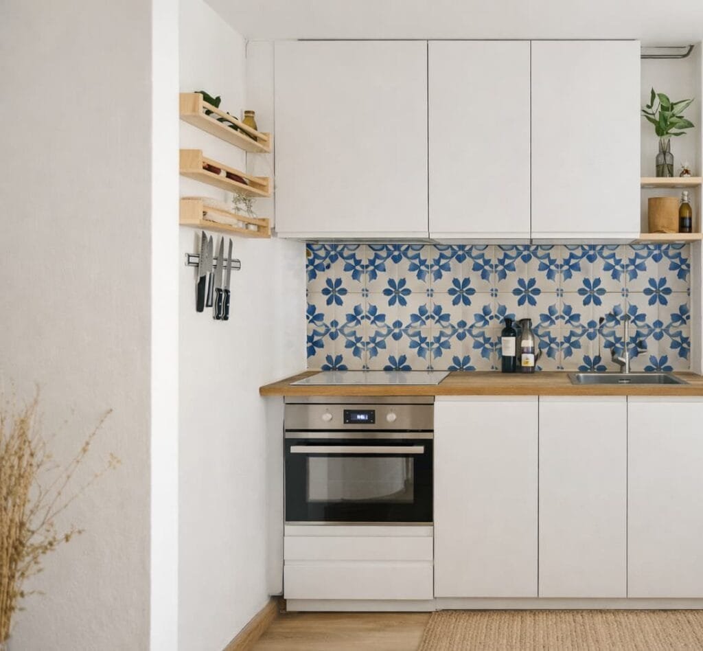 Cocina pequeña con punto focal de baldosa hidráulica azul