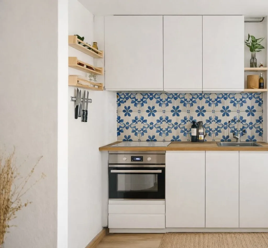 Cocina pequeña con punto focal de baldosa hidráulica azul