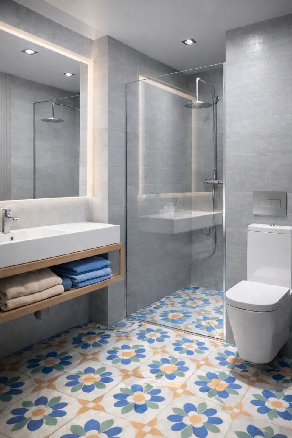 Baño moderno con decoración en el suelo