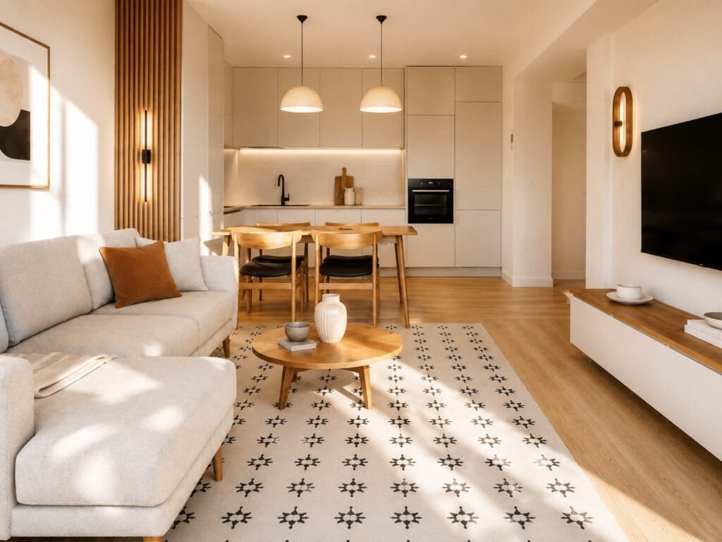 Salón minimalista luminoso con suelo hidráulico moderno de patrón discreto en tonos neutros y cocina abierta con vitrocerámica