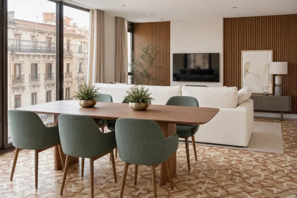 Suelos hidráulicos modernos en salón comedor con vistas urbanas