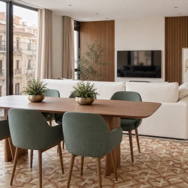 Suelos hidráulicos modernos en salón comedor con vistas urbanas